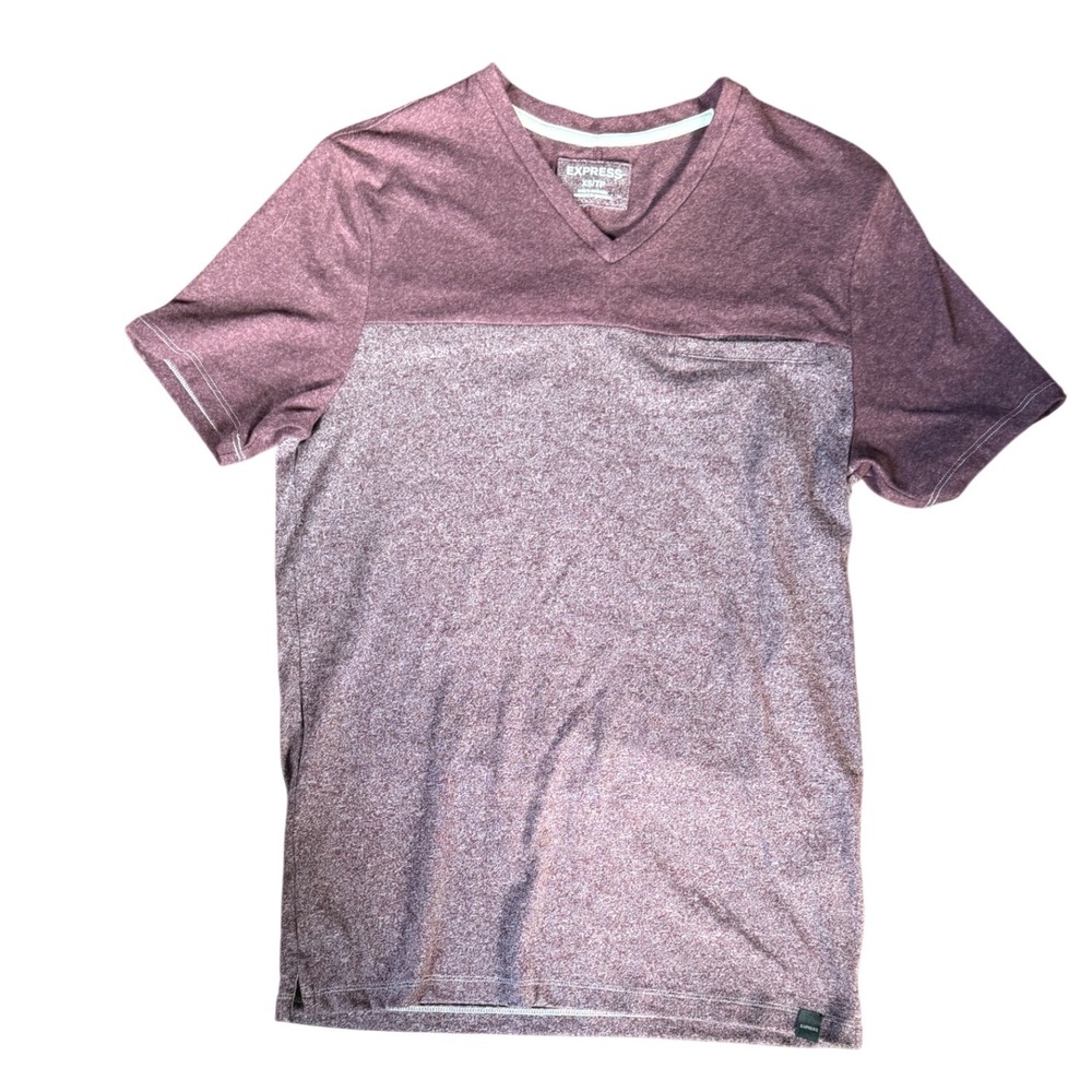 Express‎ Mens XS V-Neck T-Shirt Colorblock Heathered Burgundy Mauve Pocket Tee